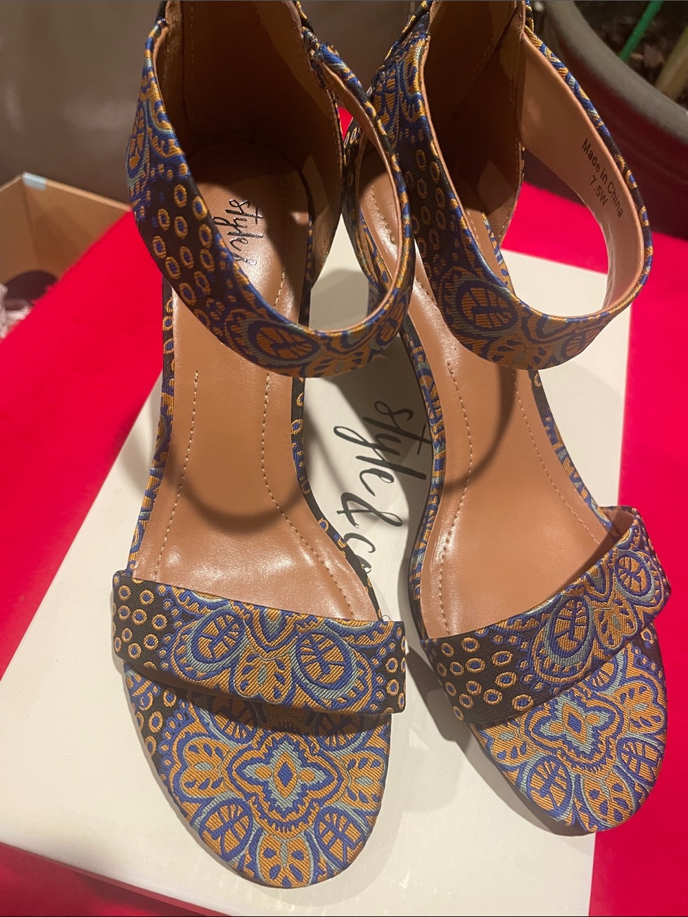 Style & Co. Blue and Gold Patterned Ankle-Strap Heels